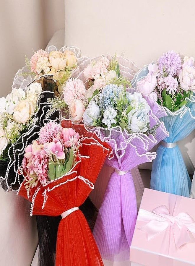KTrading 4 Yards Floral Mesh Bouquet Wrapping Paper with Pearl Edge | Translucent Waterproof Flower Wrap for Gift Packaging, Weddings, Decorations & DIY Crafts (Pack of 3 White, Pink And Purple) - Image 2